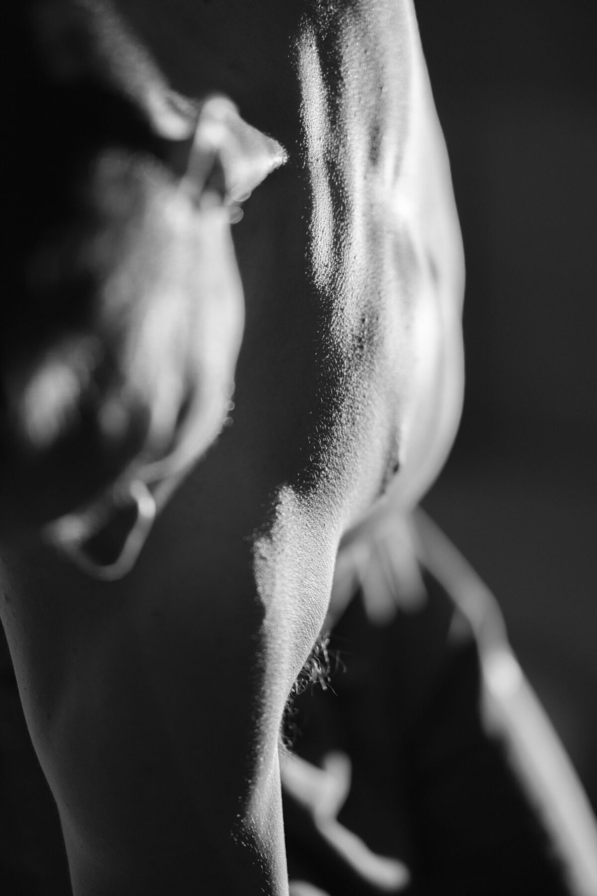 Gaston allongé torse nu, lumière violette, pose alanguie — nu artistique intimiste