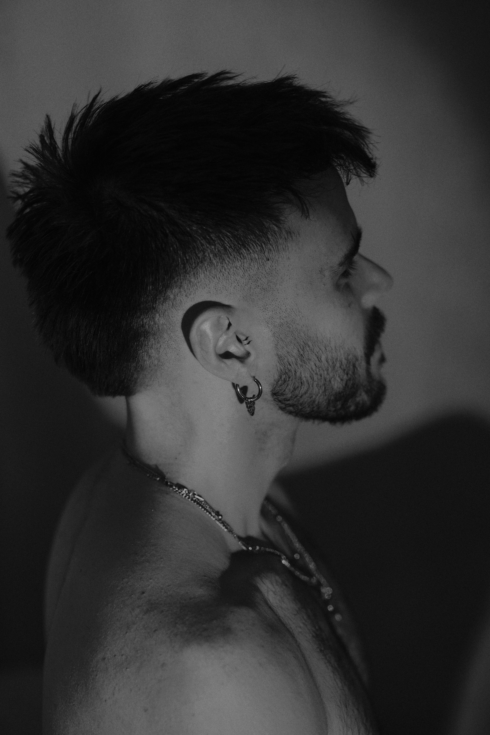 Portrait de profil en noir et blanc, boucle d'oreille et colliers.