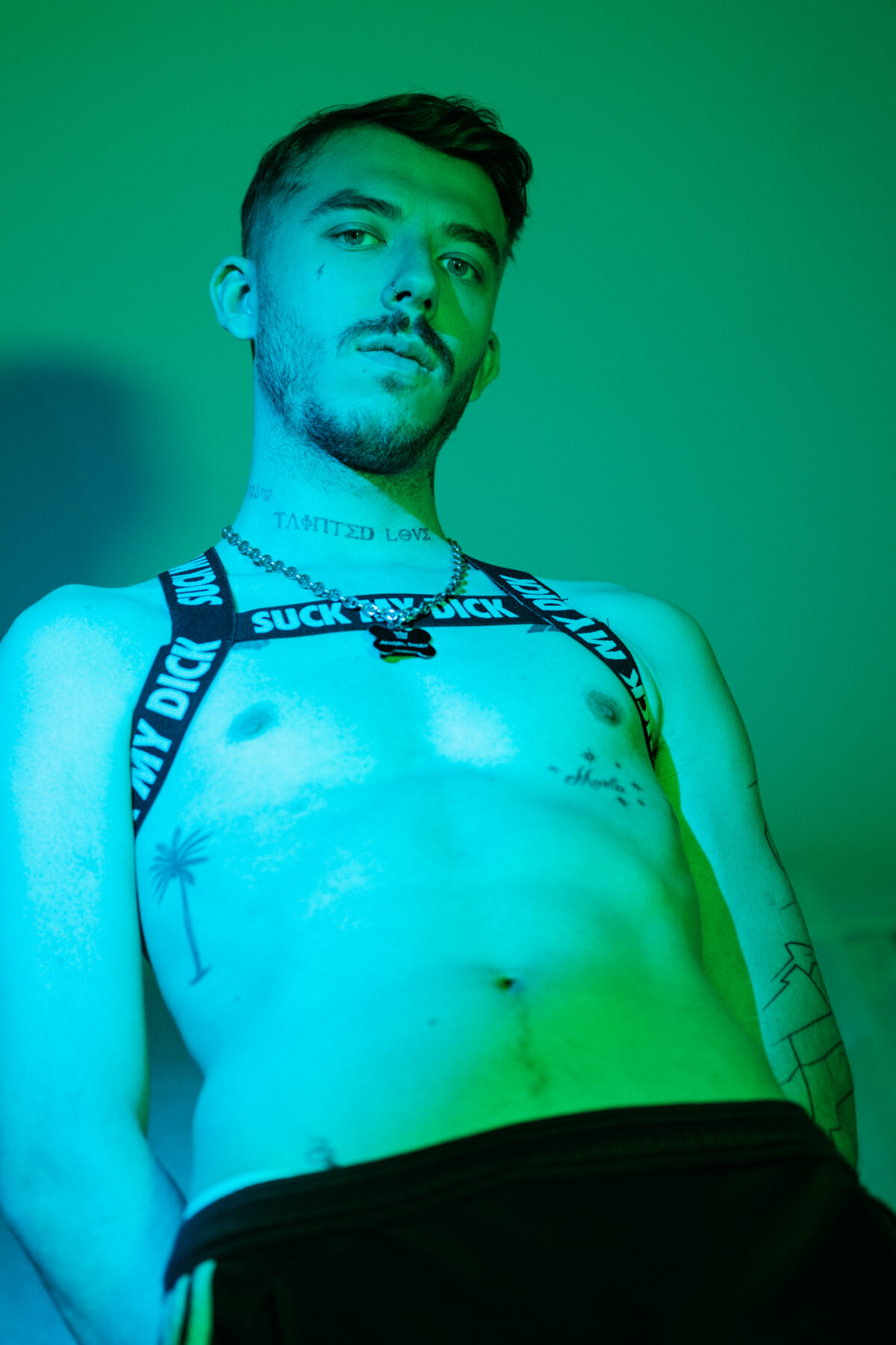 Contre-plongée verte sur Angel Dust, harnais "Suck my dick" à médaille à son nom, regard caméra, piercing au nez.