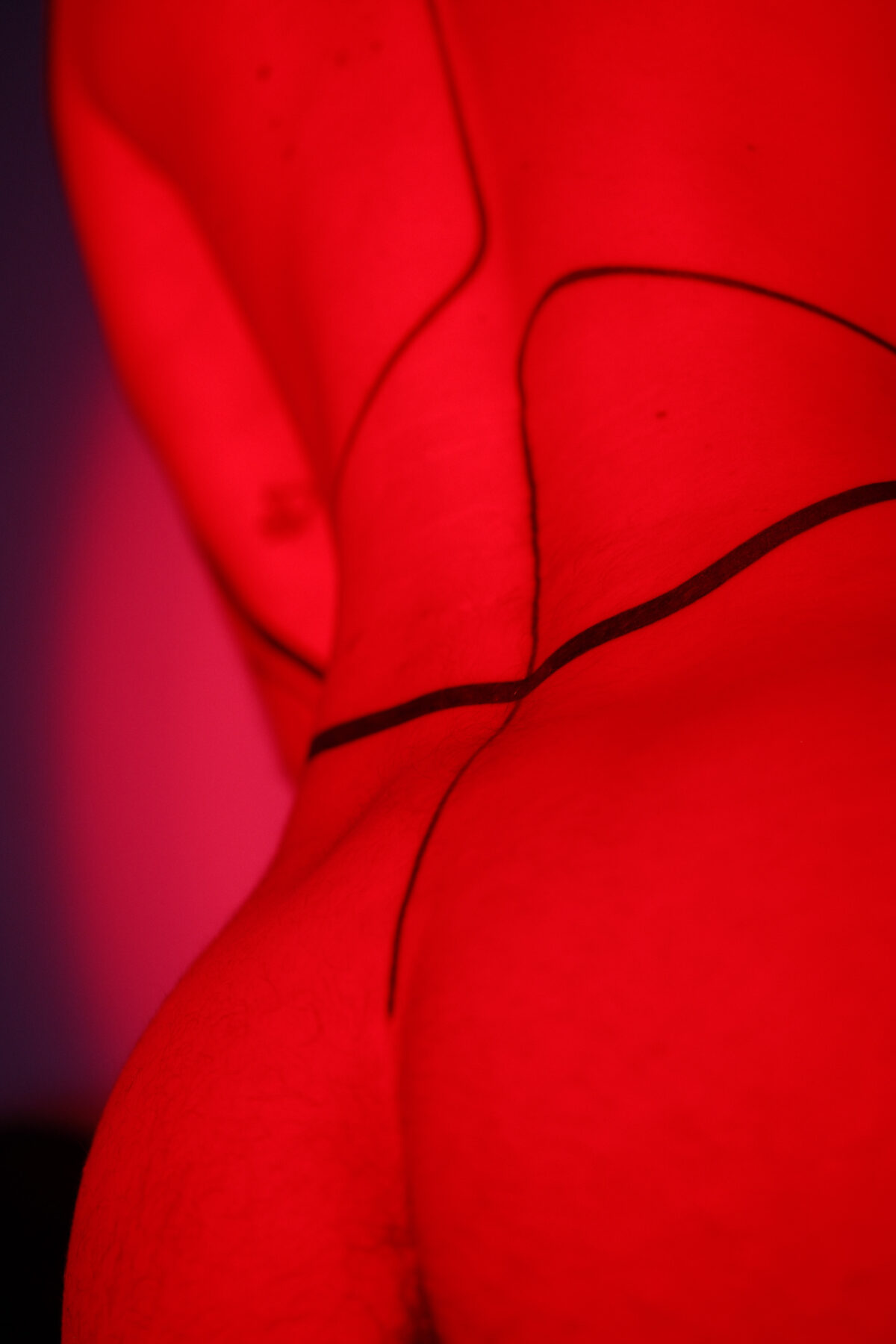 Nu artistique de Hugo de Lille sous lumière rouge, dos et flanc marqués de lignes noires tracées sur la peau.